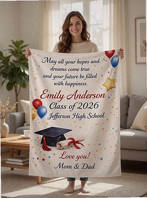 Custom High School College Graduate Name Class of 2026 60x80 Flannel Blanket Gif