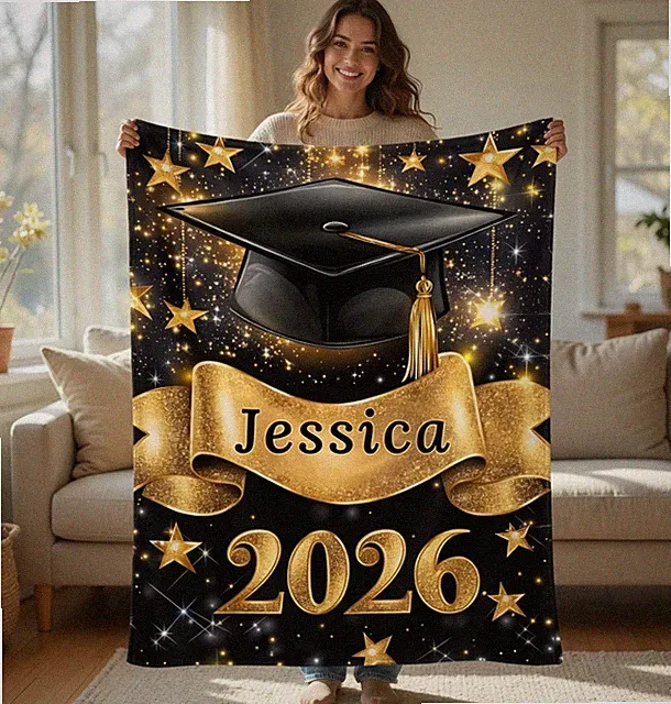 Graduation Cap Theme Class of 2026 Custom Name Soft 60x80 Flannel Blanket For Gr