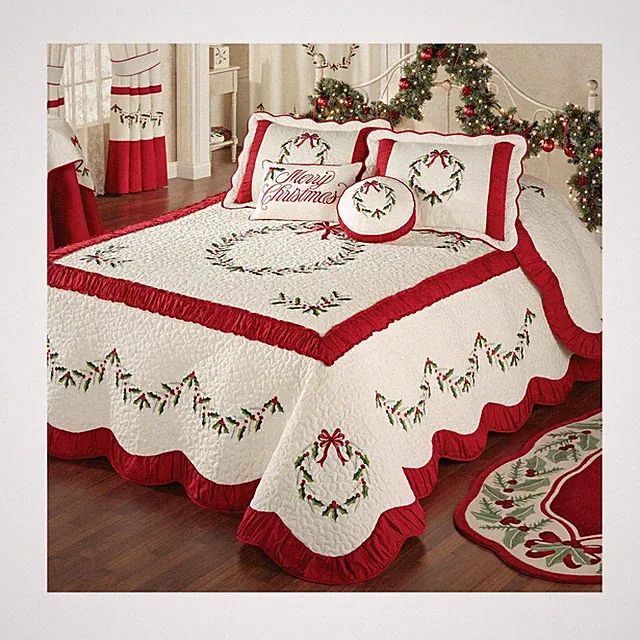 Holly Wreath Luxury Holiday Bedding | Quilted Ivory Embroidered Christmas Bed...