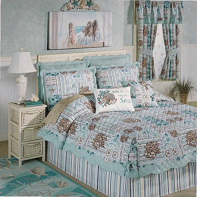 Shell Harbor Coastal Aqua Blue Oversized Quilt Set Ocean Beach Bedding Decor